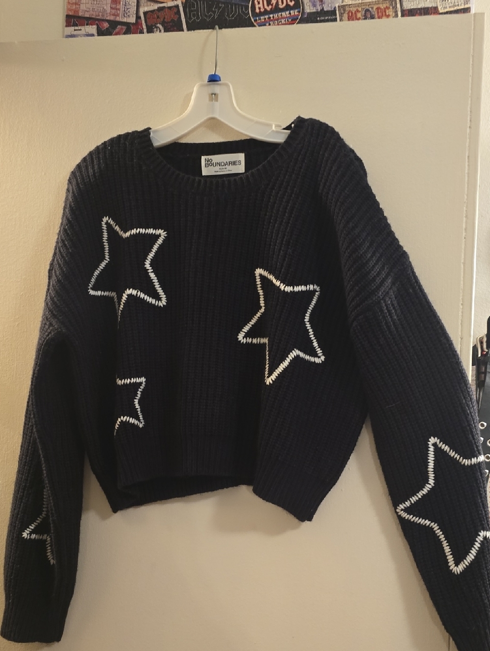 No Boundaries Navy Sweater with White Star Appliqué